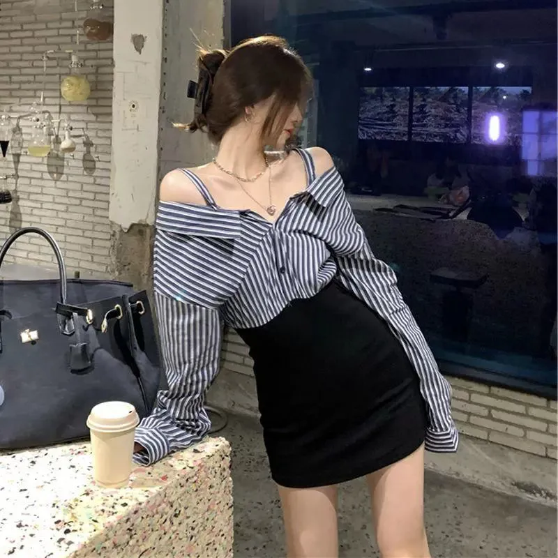 Trend Sheath  Off-The-Shoulder Striped Shirt