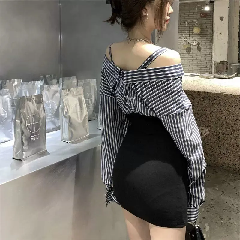Trend Sheath  Off-The-Shoulder Striped Shirt