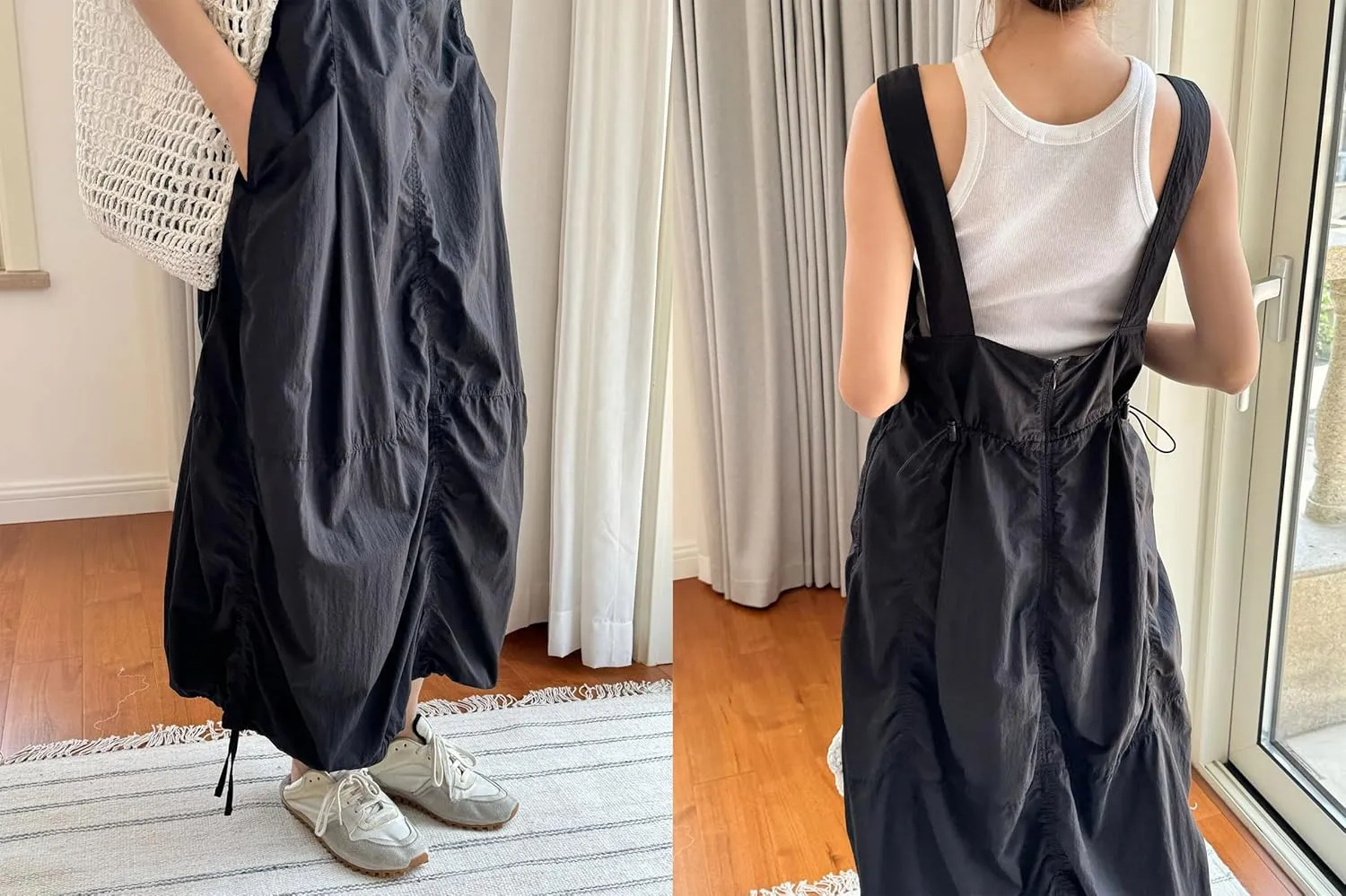 utcoco Women's Casual Baggy Cargo Overall Dress Ruched Drawstring Loose Fit Sleeveless Midi Dresses with Pockets