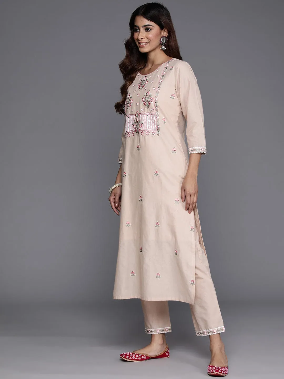 Varanga Floral Embroidered Mirror Work Pure Cotton Kurta with Trousers & Dupatta