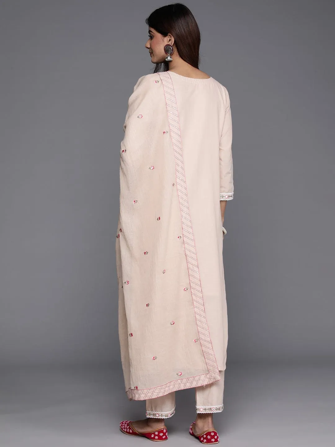 Varanga Floral Embroidered Mirror Work Pure Cotton Kurta with Trousers & Dupatta
