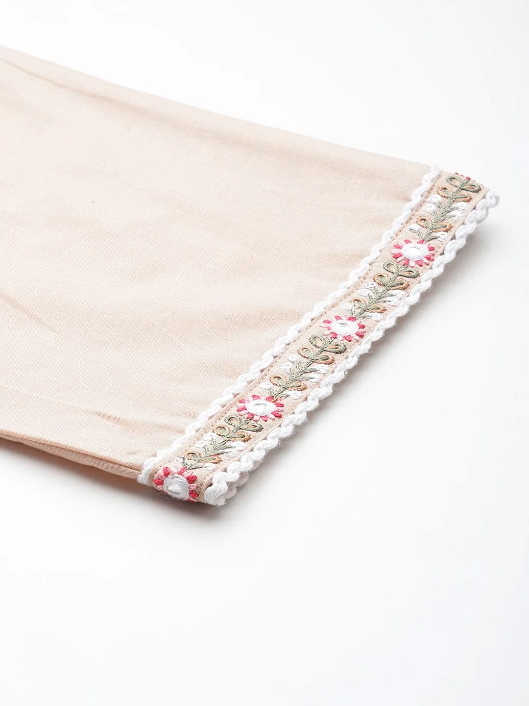 Varanga Floral Embroidered Mirror Work Pure Cotton Kurta with Trousers & Dupatta