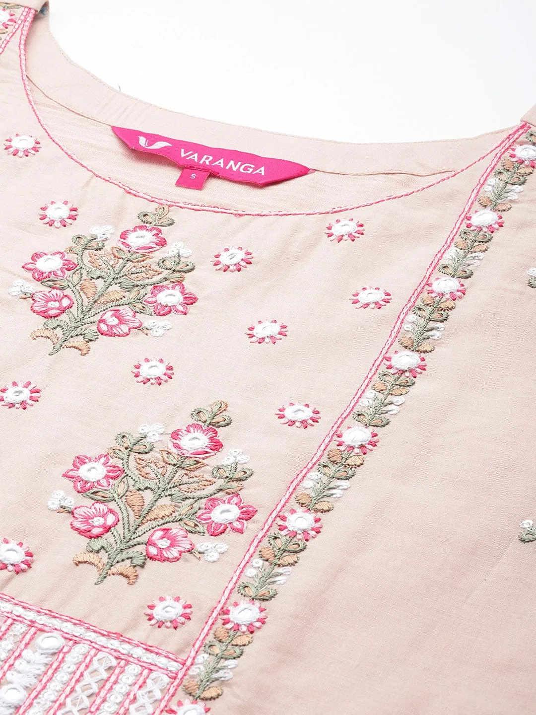 Varanga Floral Embroidered Mirror Work Pure Cotton Kurta with Trousers & Dupatta