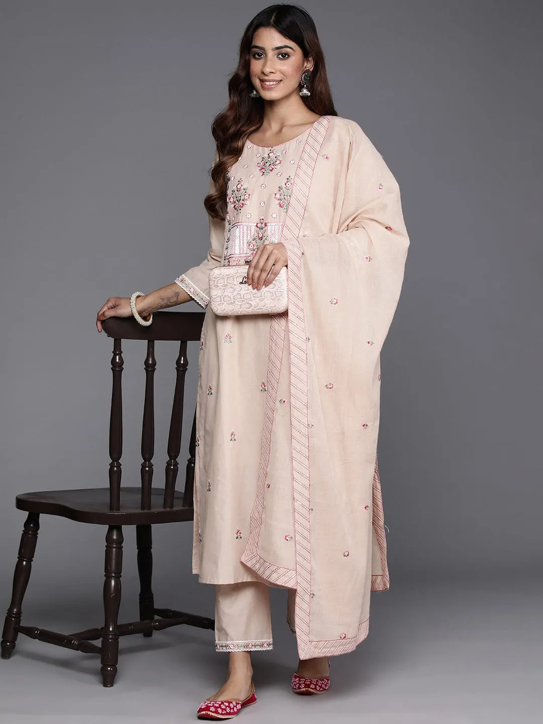 Varanga Floral Embroidered Mirror Work Pure Cotton Kurta with Trousers & Dupatta