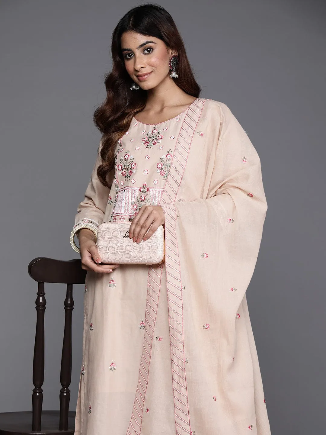 Varanga Floral Embroidered Mirror Work Pure Cotton Kurta with Trousers & Dupatta
