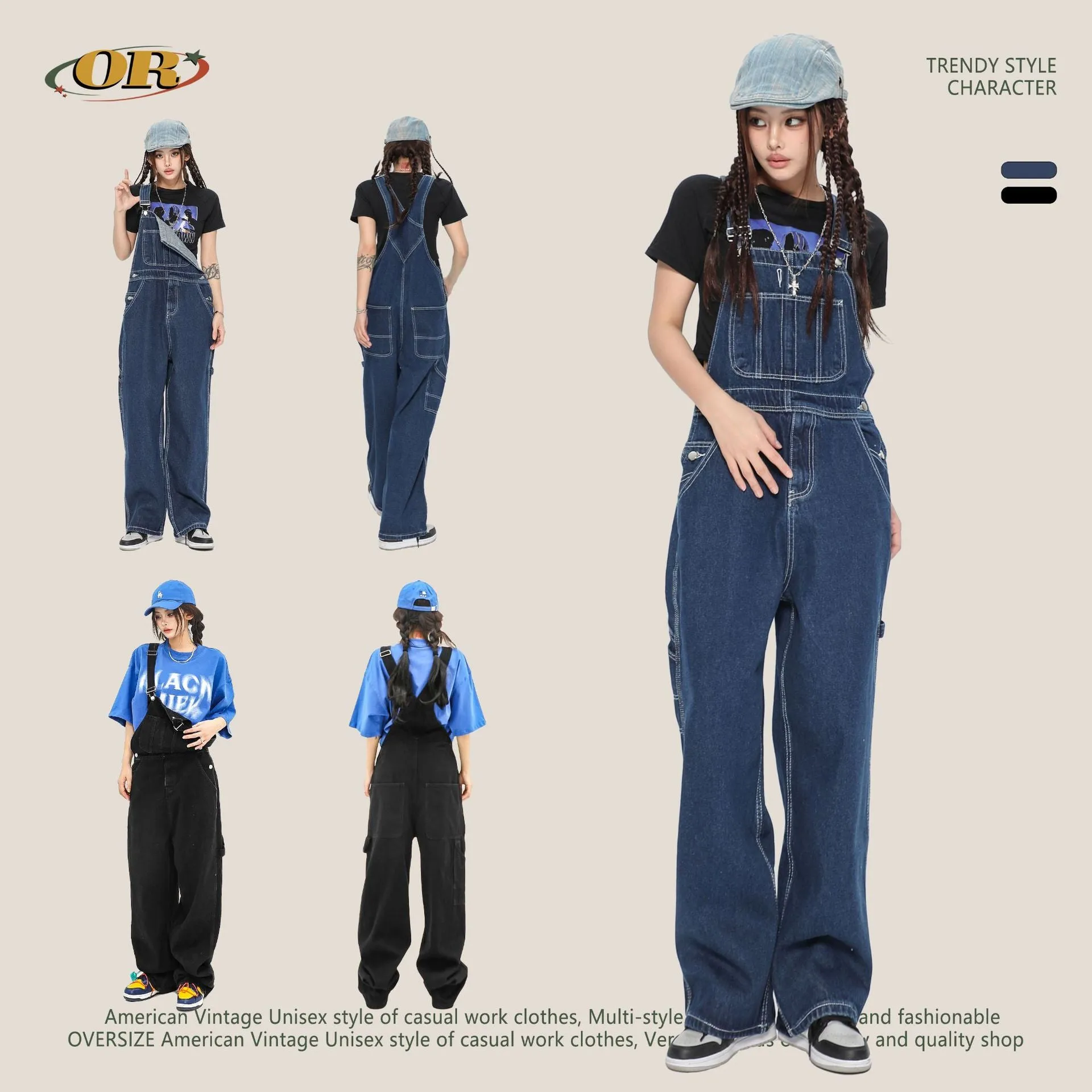 Wjczt 90s streetwear Oeeta Jeans Autumn American Style Overalls Men's Denim Overalls Women's Loose Denim Jumpsuit