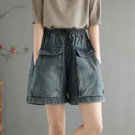 Wjczt Women&#39;s Denim Shorts Big Pocket Oversize Vintage Wide Leg Short Pants Woman Summer Casual Elastic Waist Jeans Shorts 2022