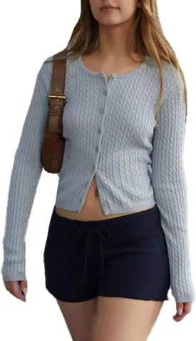 Women Cable Knit Button Up Cropped Cardigan Sweater Button-Down Front Slim Fit Short Cardigans Outerwear