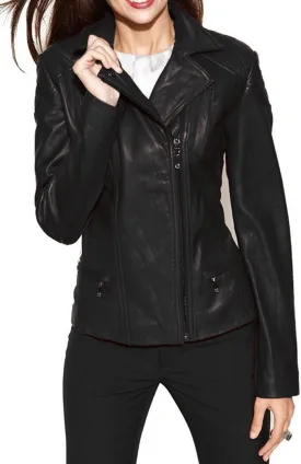 Womens Bambert Lambskin Genuine Leather Jacket, Biker Jacket