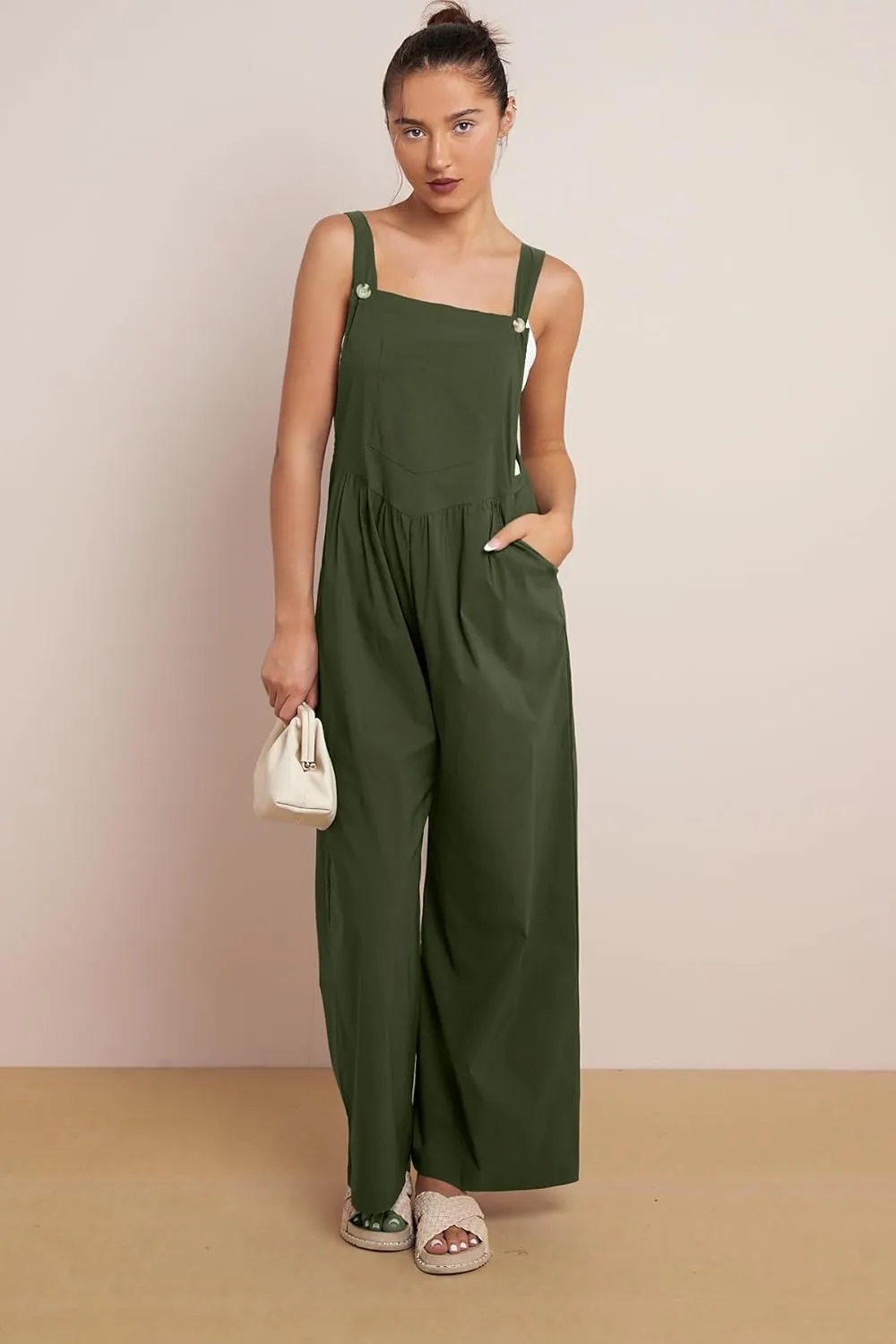 Women's Bib Overalls Casual Loose Sleeveless Adjustable Straps Wide Leg Jumpsuit with Pockets