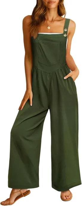 Women's Bib Overalls Casual Loose Sleeveless Adjustable Straps Wide Leg Jumpsuit with Pockets