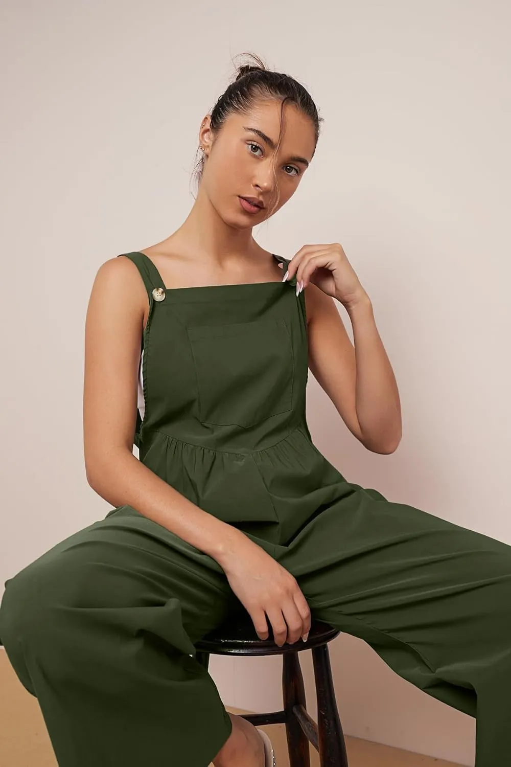 Women's Bib Overalls Casual Loose Sleeveless Adjustable Straps Wide Leg Jumpsuit with Pockets