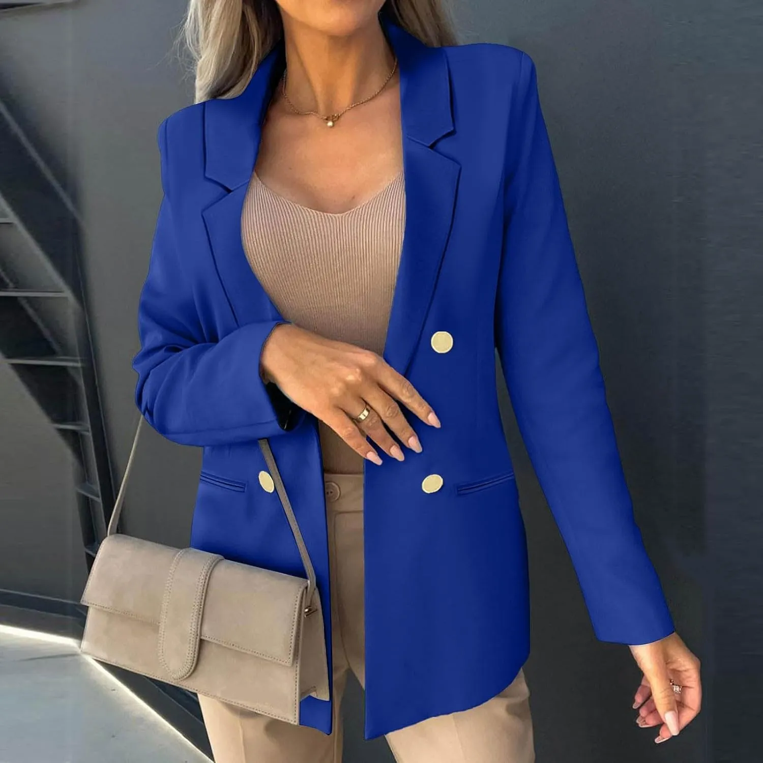 Womens Casual Blazer Jacket Slim Fit Simple Double Breasted Blazers Notched Collar Long Sleeve Work Office Jackets