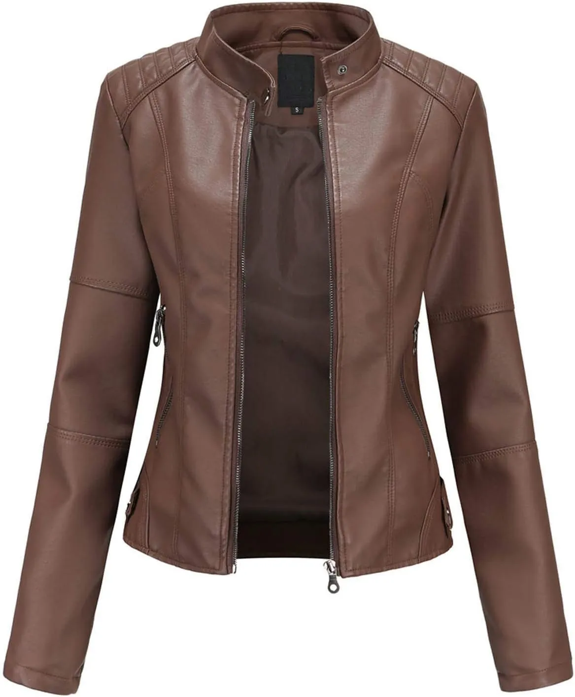 Women'S Faux Leather Motocross Racer Jacket Plus Size Motorcycle Zipper Moto Biker Short Outerwear Coat Bomber Jacket