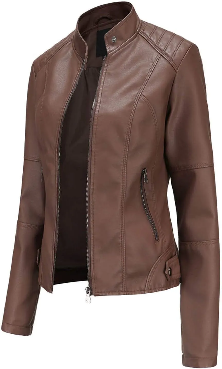 Women'S Faux Leather Motocross Racer Jacket Plus Size Motorcycle Zipper Moto Biker Short Outerwear Coat Bomber Jacket