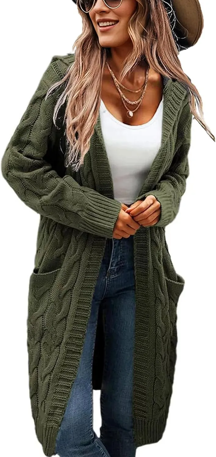 Women's Hooded Open Front Long Cardigan Cable Knit Sweaters Side Pocket Oversized Chunky Cardigan Outwear Coat