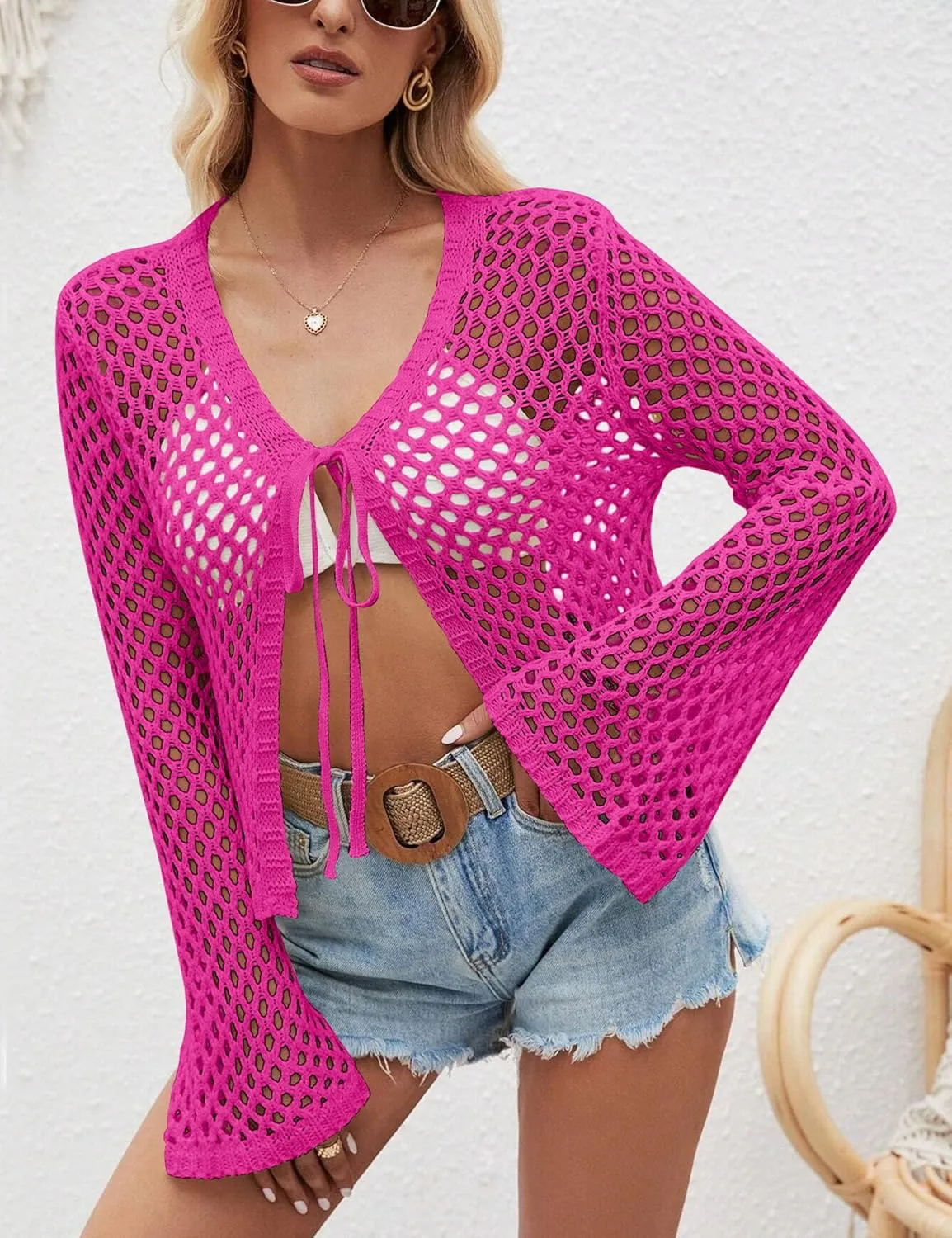Womens Knit Crochet Cardigan Tie Front Bell Sleeve Hollow Out Shrugs Lightweight Crop Tops