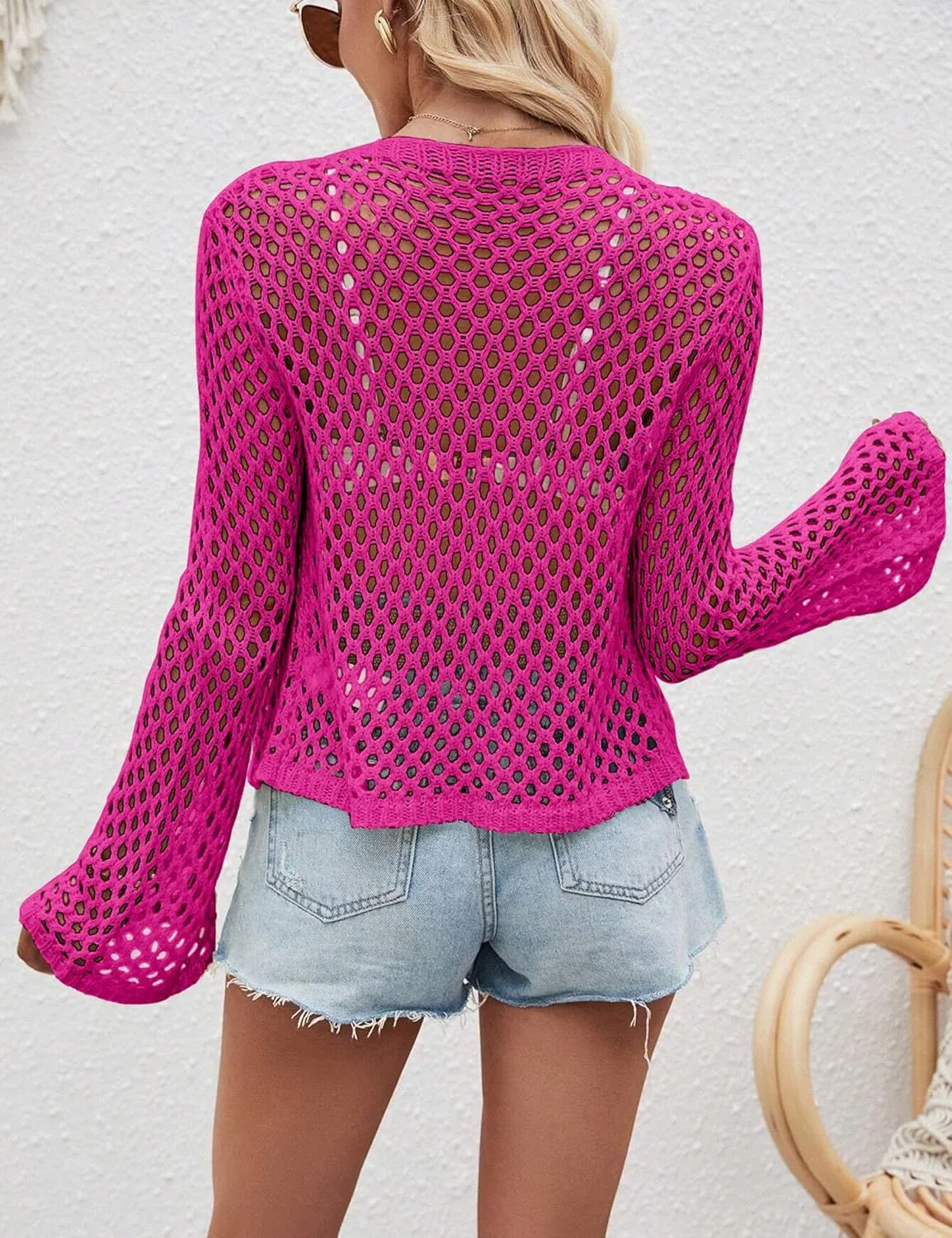 Womens Knit Crochet Cardigan Tie Front Bell Sleeve Hollow Out Shrugs Lightweight Crop Tops