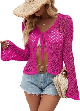 Womens Knit Crochet Cardigan Tie Front Bell Sleeve Hollow Out Shrugs Lightweight Crop Tops