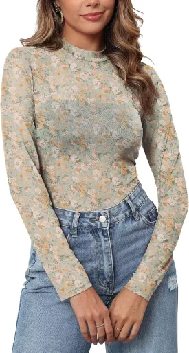Womens Mesh Floral Long Sleeve Tops Lace Undershirt Mock Neck Going Out Sheer Blouses 2025 Trendy