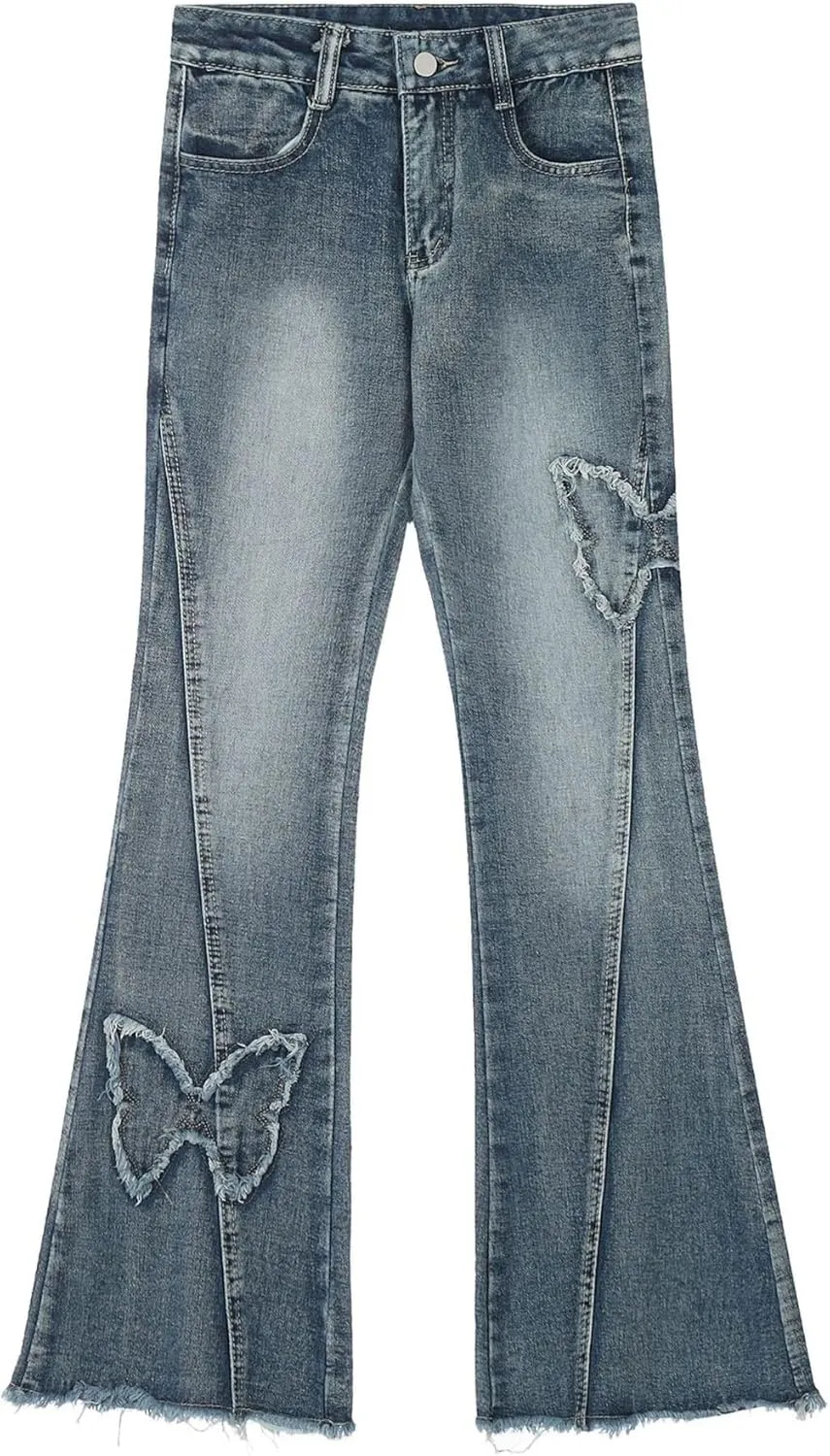Womens Petite Flare Jeans Y2K Butterfly Low Rise Denim Pants Vintage Grunge Distressed Baggy Jeans