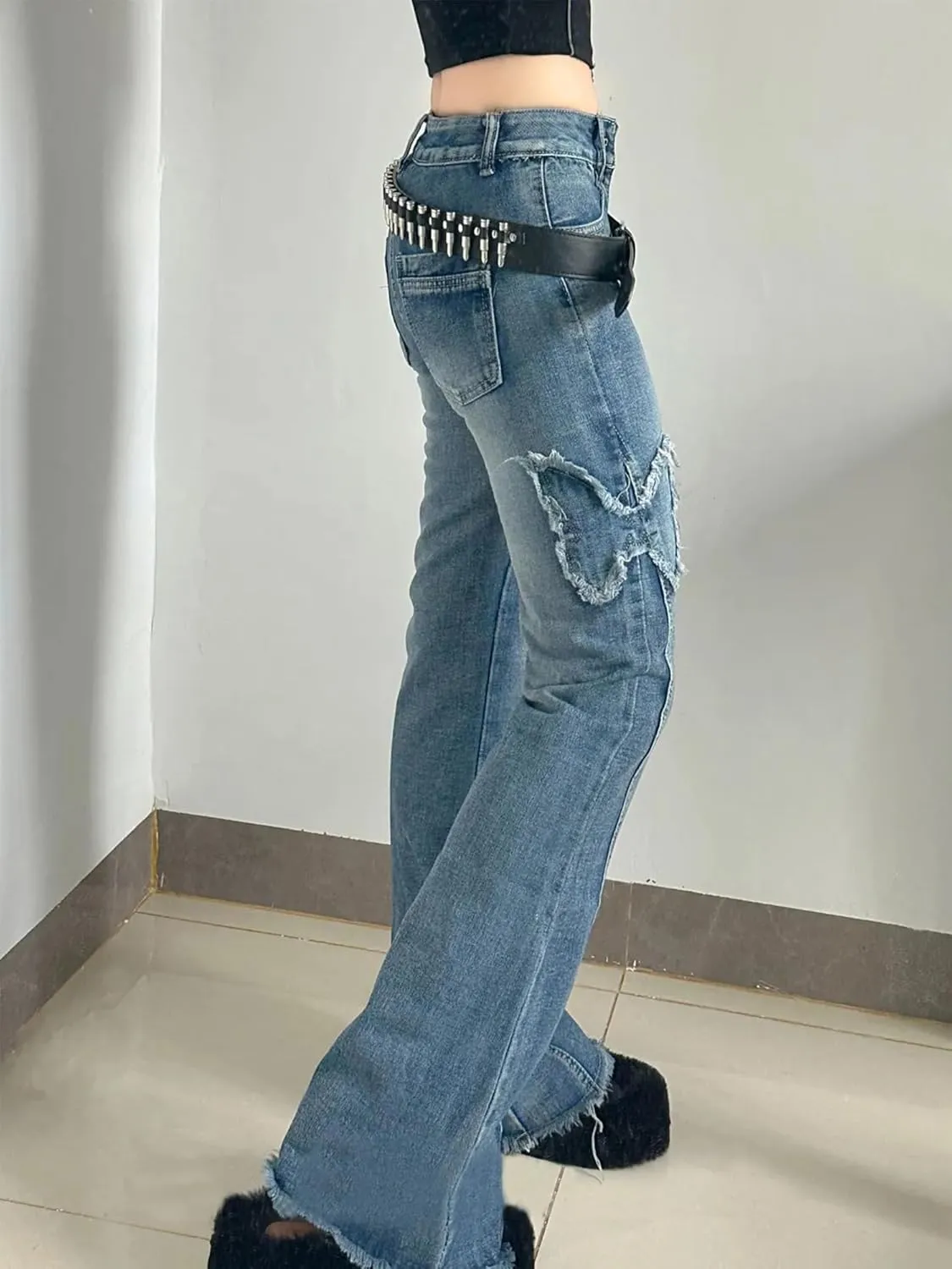 Womens Petite Flare Jeans Y2K Butterfly Low Rise Denim Pants Vintage Grunge Distressed Baggy Jeans