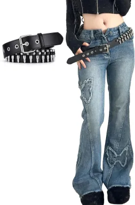 Womens Petite Flare Jeans Y2K Butterfly Low Rise Denim Pants Vintage Grunge Distressed Baggy Jeans