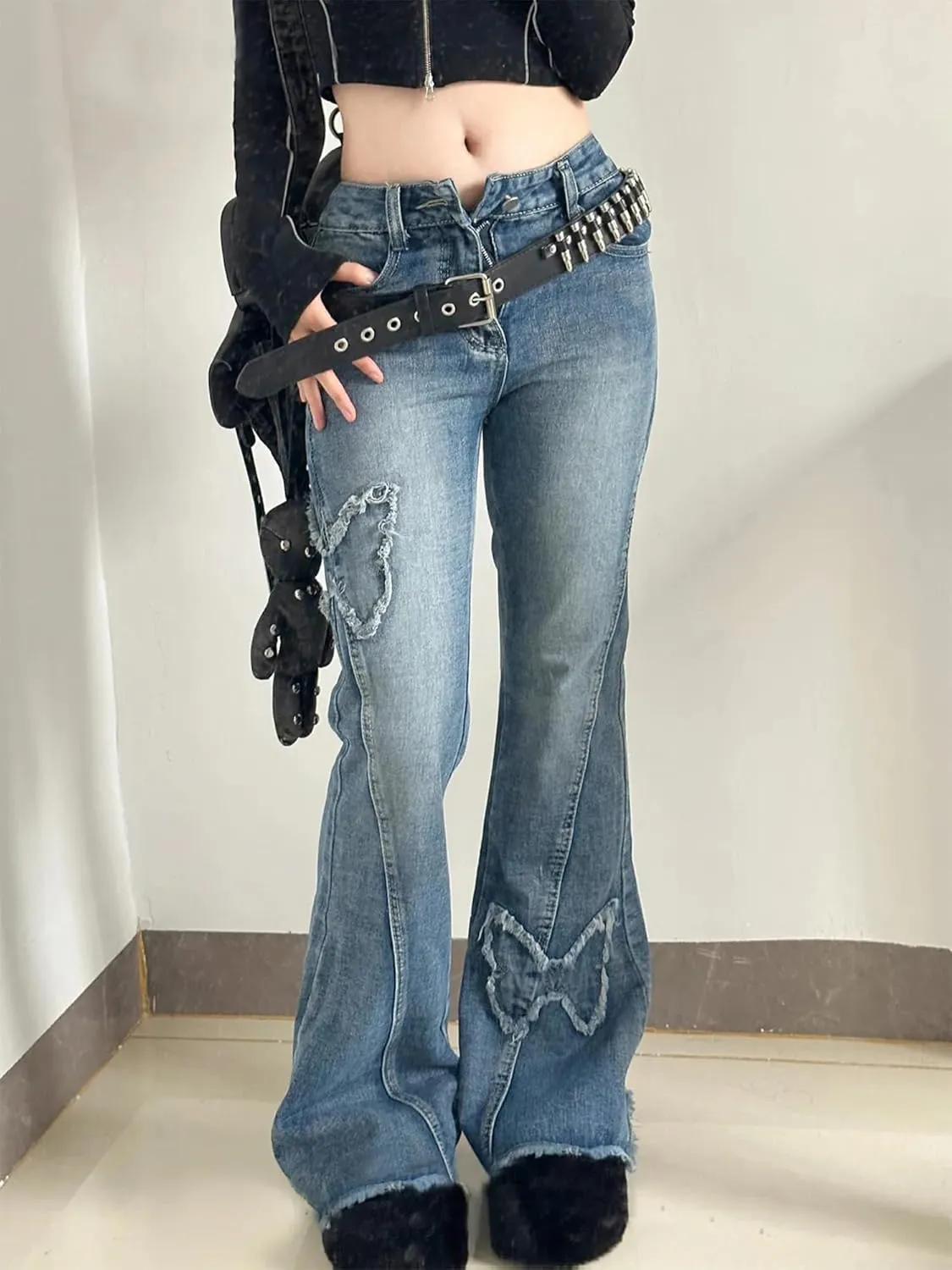Womens Petite Flare Jeans Y2K Butterfly Low Rise Denim Pants Vintage Grunge Distressed Baggy Jeans