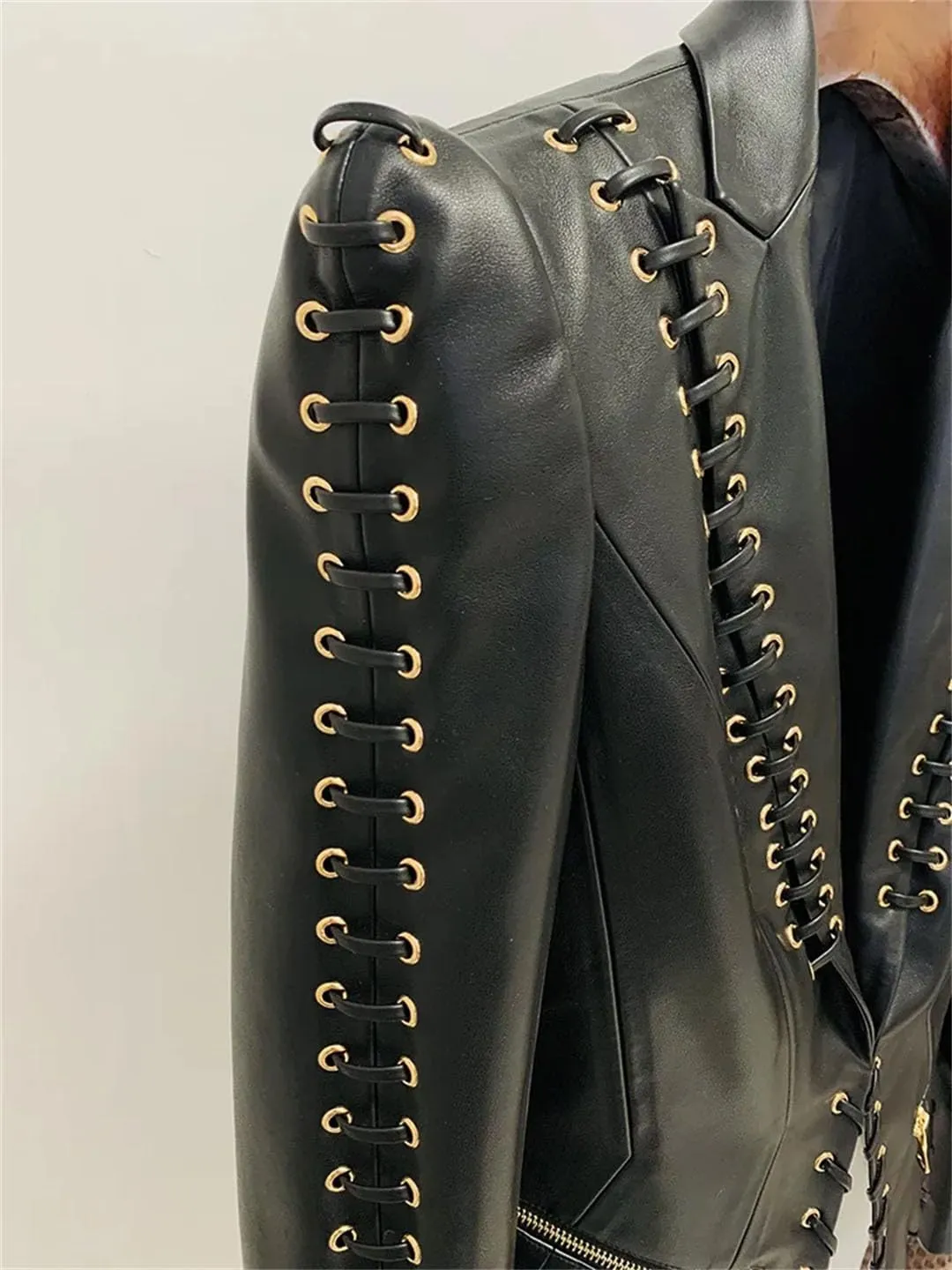Women's Rope Lacing Leather Slim Fitting Leather Blazer