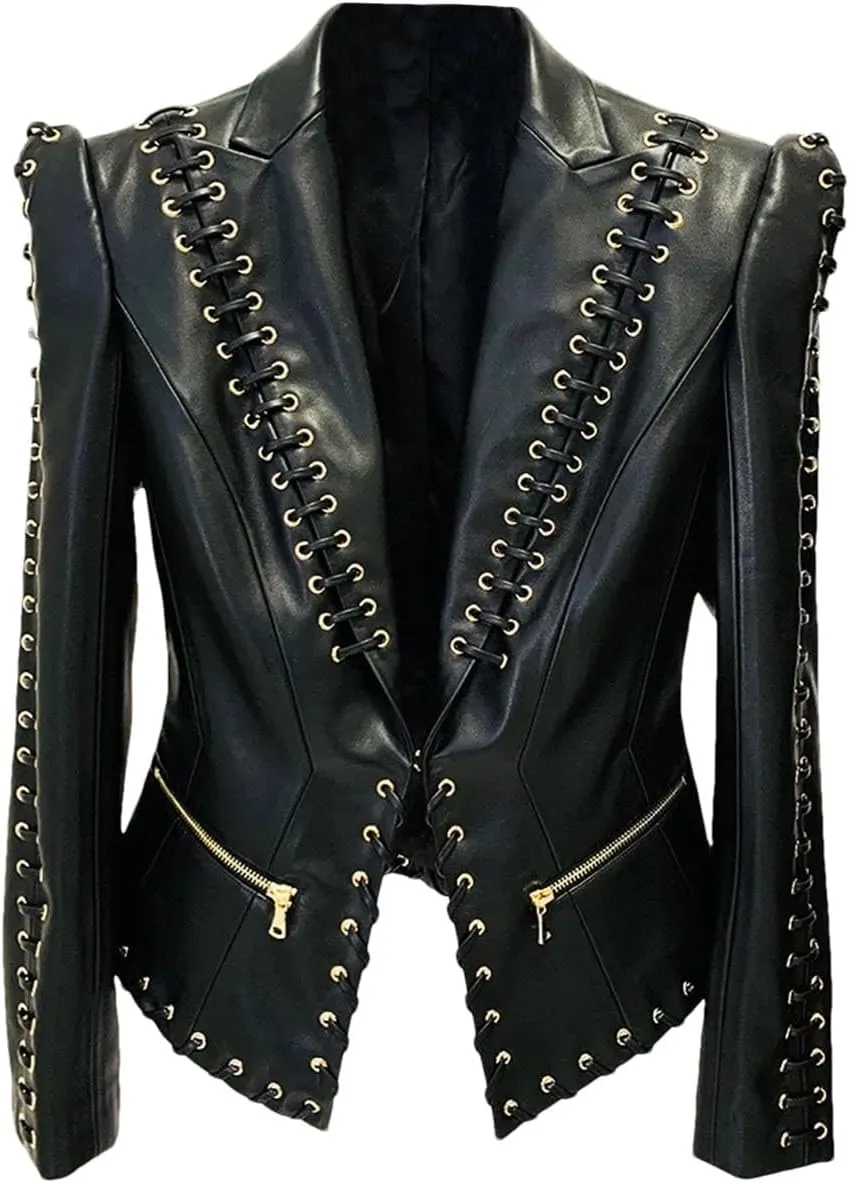 Women's Rope Lacing Leather Slim Fitting Leather Blazer