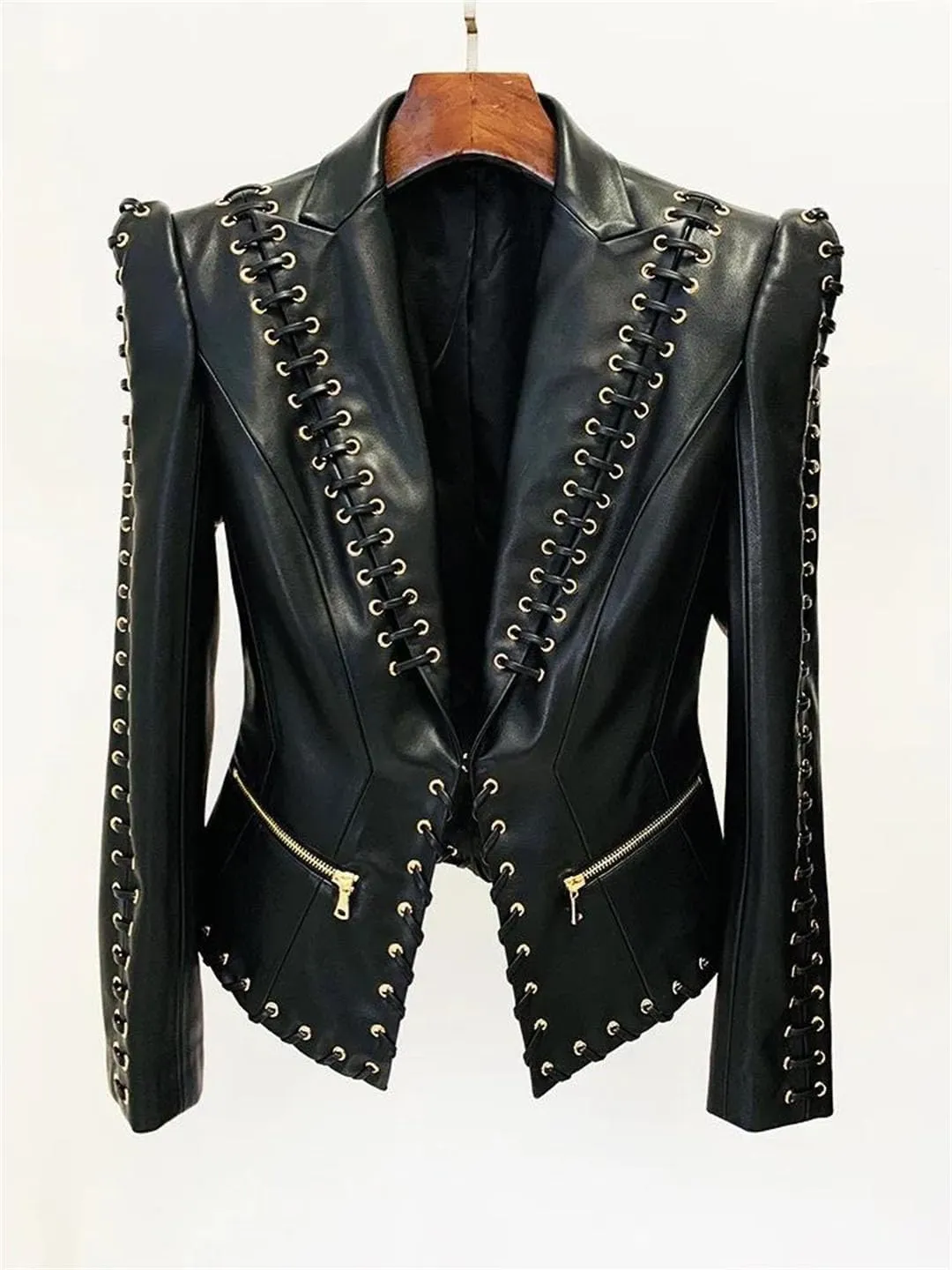 Women's Rope Lacing Leather Slim Fitting Leather Blazer