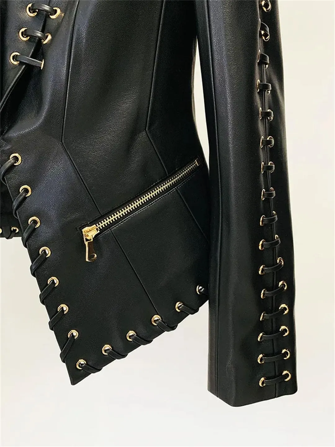 Women's Rope Lacing Leather Slim Fitting Leather Blazer