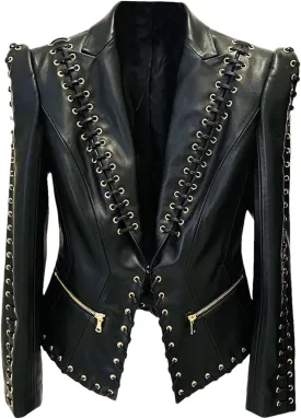 Women's Rope Lacing Leather Slim Fitting Leather Blazer