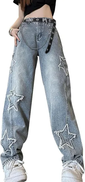 Womens Star Jeans Baggy Cargo Jeans Vintage Casual Y2K Outfits Straight Leg Denim with Pocket