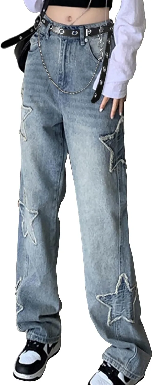 Womens Star Jeans Baggy Cargo Jeans Vintage Casual Y2K Outfits Straight Leg Denim with Pocket