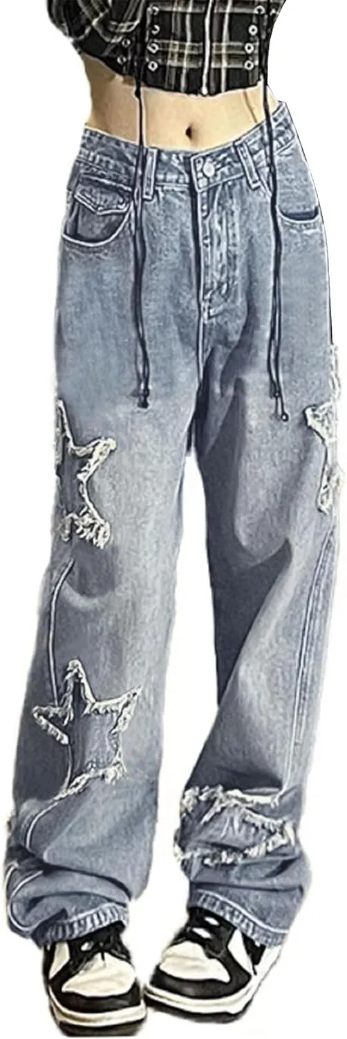 Womens Star Jeans Baggy Cargo Jeans Vintage Casual Y2K Outfits Straight Leg Denim with Pocket