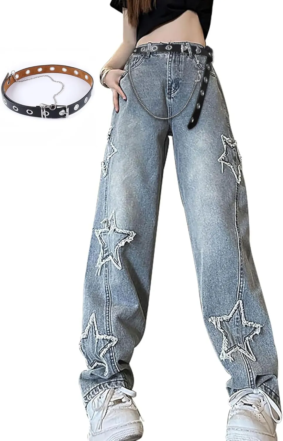 Womens Star Jeans Baggy Cargo Jeans Vintage Casual Y2K Outfits Straight Leg Denim with Pocket