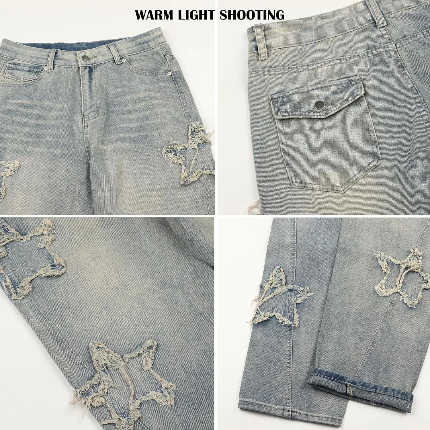 Womens Star Jeans Baggy Cargo Jeans Vintage Casual Y2K Outfits Straight Leg Denim with Pocket