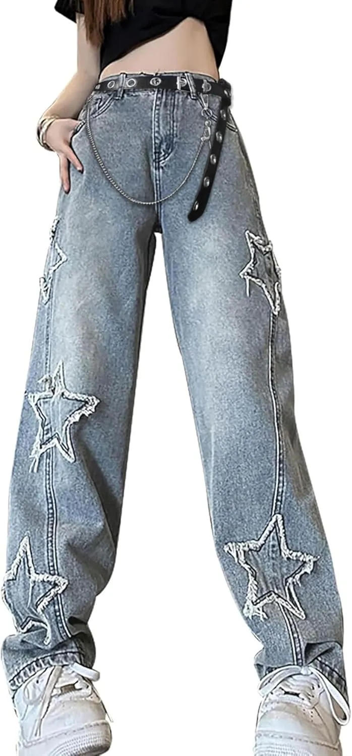 Womens Star Jeans Baggy Cargo Jeans Vintage Casual Y2K Outfits Straight Leg Denim with Pocket