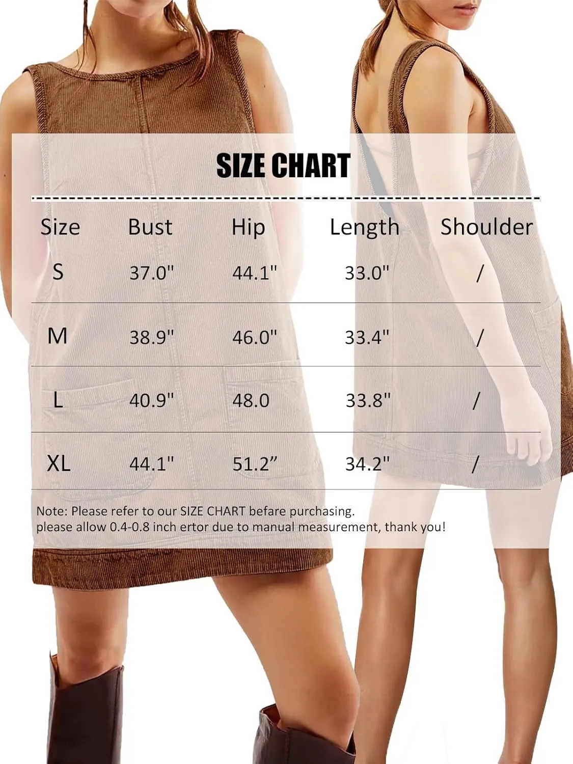 Wowcarbazole Women's Casual Corduroy Overall Dress Round Neck Cute A Line Dress Pinafore Mini Skirt Jumper with Pockets