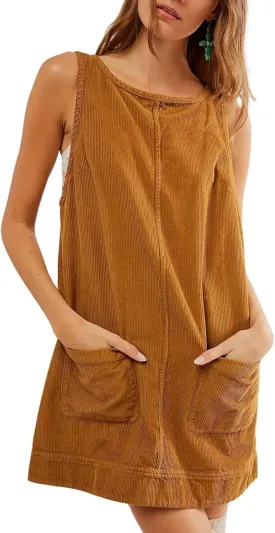 Wowcarbazole Women's Casual Corduroy Overall Dress Round Neck Cute A Line Dress Pinafore Mini Skirt Jumper with Pockets