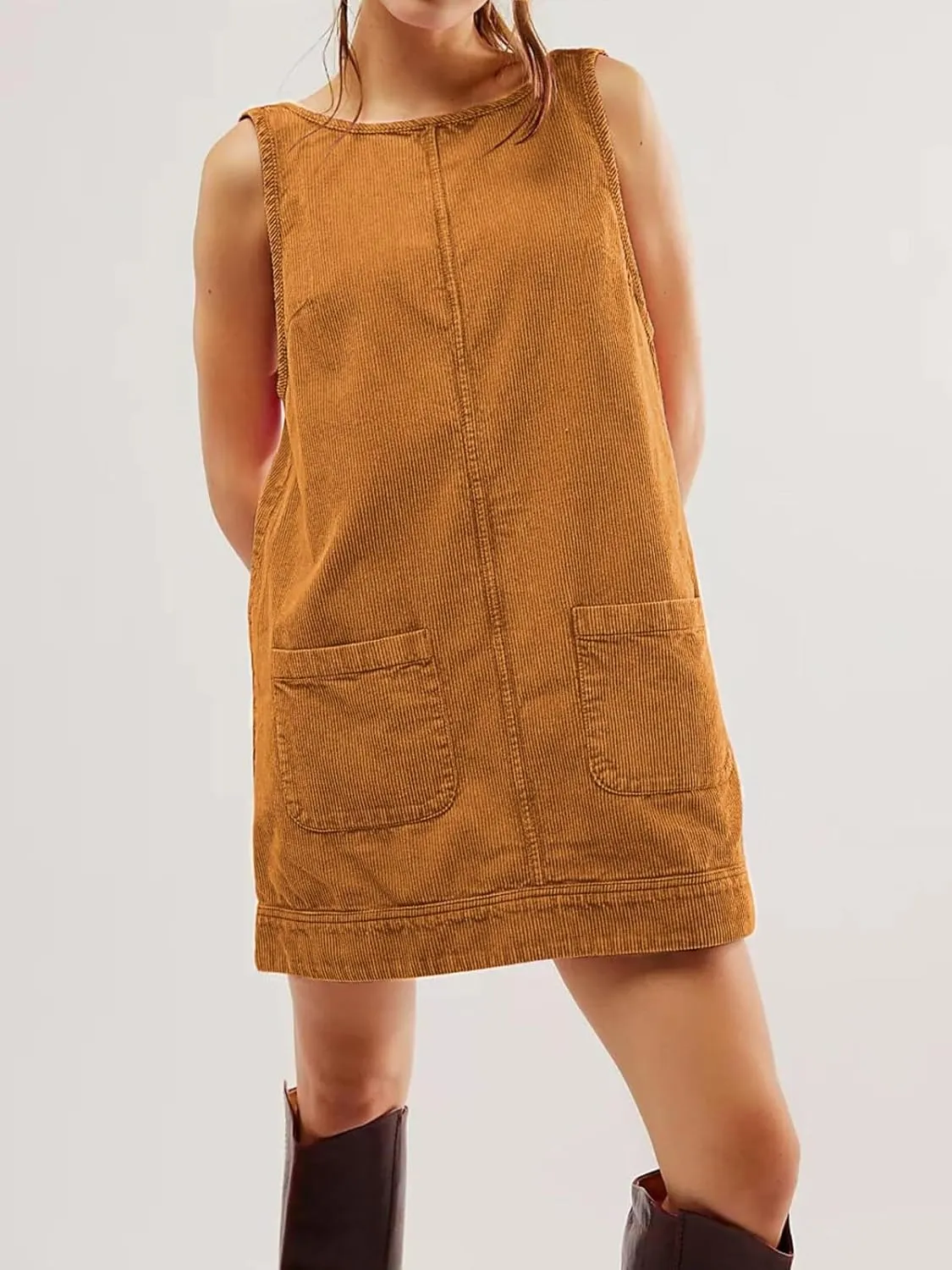 Wowcarbazole Women's Casual Corduroy Overall Dress Round Neck Cute A Line Dress Pinafore Mini Skirt Jumper with Pockets