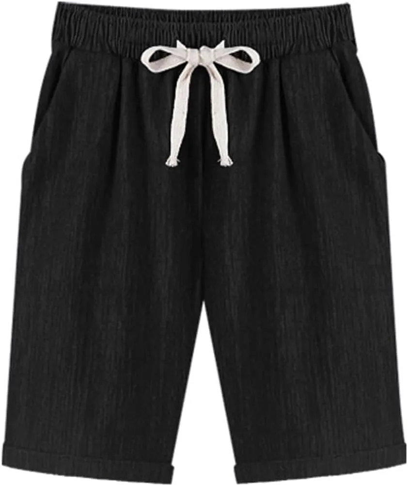 XinYangNi Women's Elastic Waist Casual Comfy Cotton Linen Beach Shorts with Drawstring Knee Length Curling Bermuda Shorts