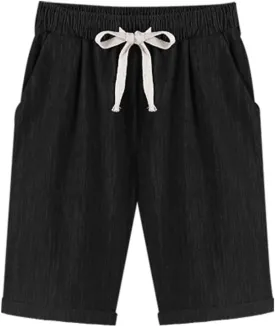 XinYangNi Women's Elastic Waist Casual Comfy Cotton Linen Beach Shorts with Drawstring Knee Length Curling Bermuda Shorts